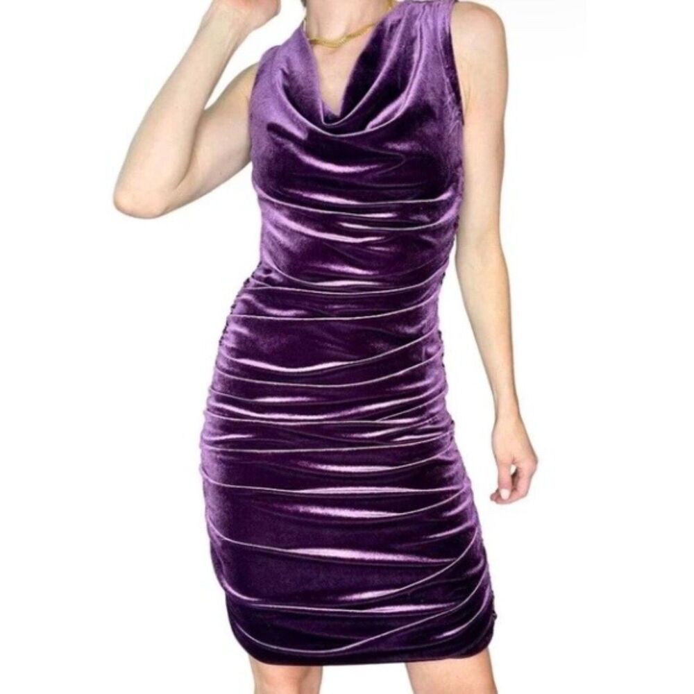 Davina velvet sleeveless draped neckline ruched bodycon dress